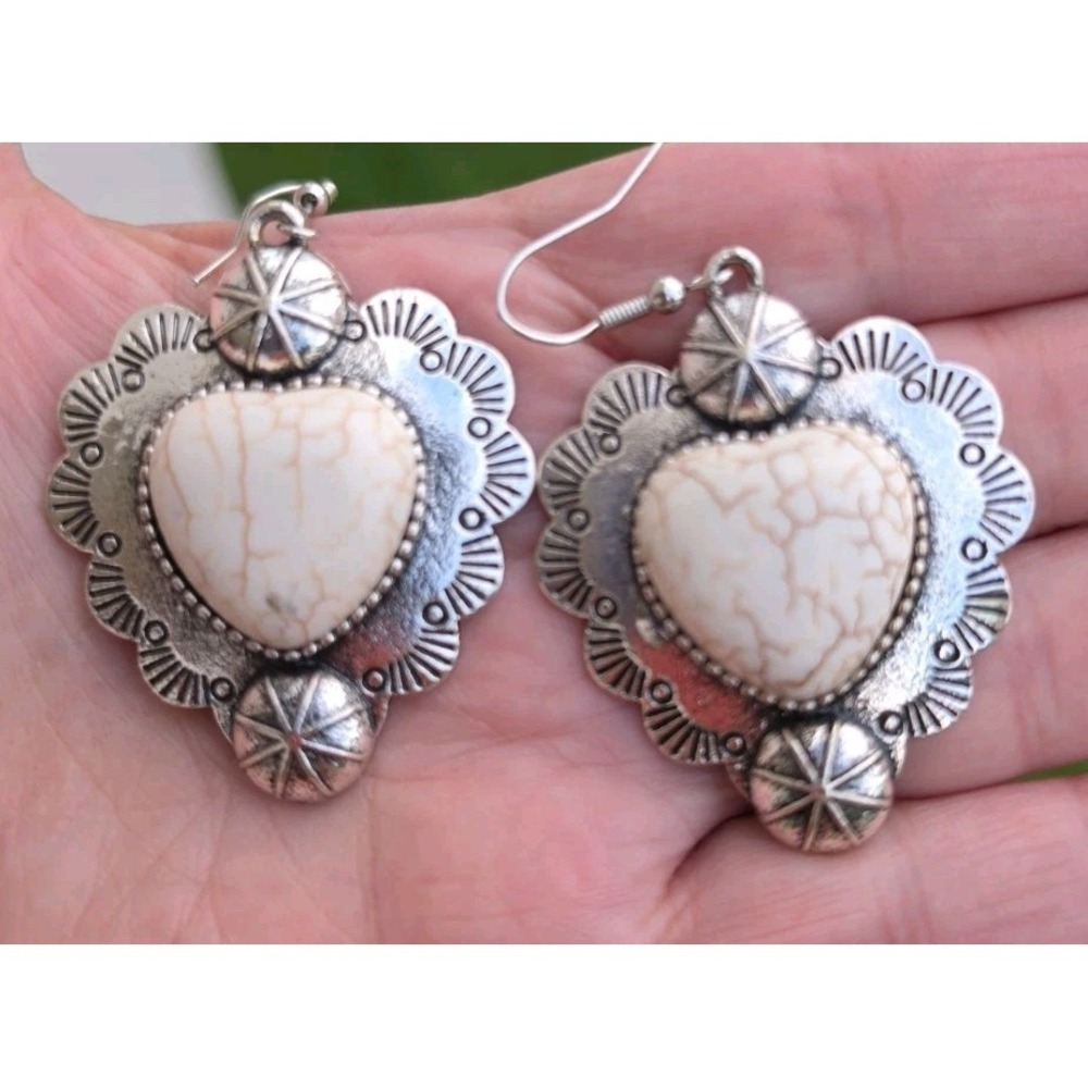 Western Ivory Heart Dangle Earrings Silver Concho Cowgirl Boho Ranch Rustic Star